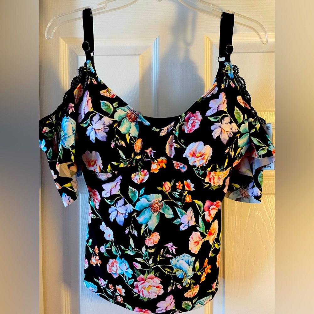 Kenneth Cole Reaction Floral Top Cold Shoulder w/ Ruffles Tankini XL NWT